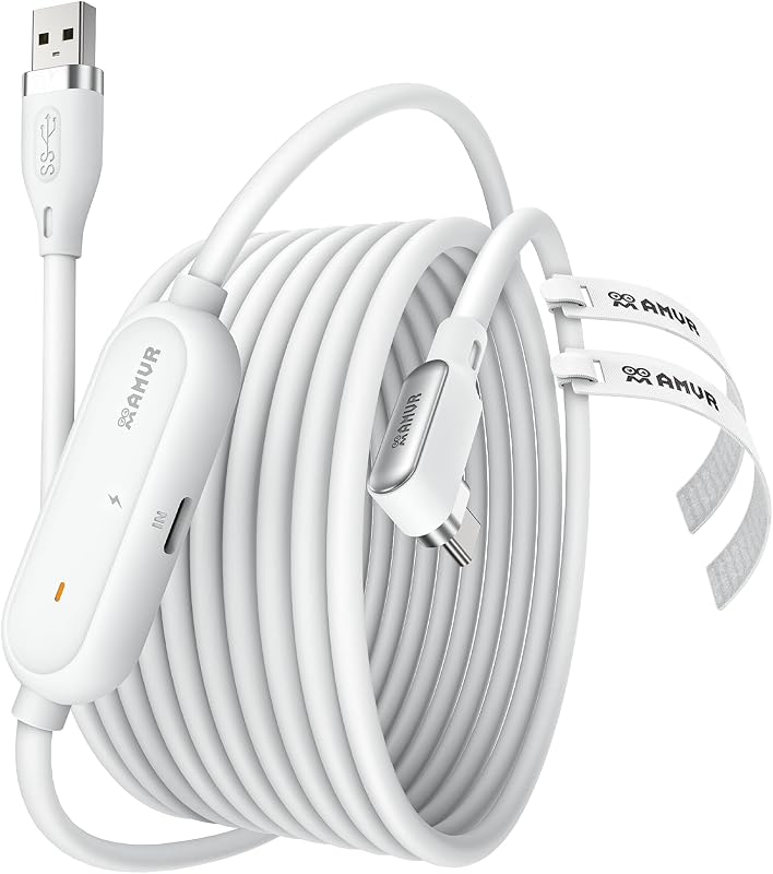 AMVR Linkケーブル 5m 急速充電Compatible with Quest3S/Quest3/Quest 2/Pico 4/Pico 4 Ultra L字型リンクケーブル, USB 3.0 から Type C コードゲームPC/Steam VR 用5Gbps高速データ転送アクセサリー
