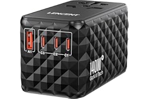 LENCENT 140W International Travel Adapter, GaN Universal Travel Adapter with 1 USB-A & 3 Type C Power Adapter, Fast Charger for Phone,Laptops, Worldwide Plug Adapter for USA/UK/EU/AUS, Black