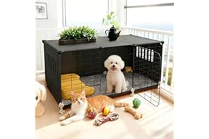 TUIYIDUO 犬のケージ ペットケージ 犬 フェンス 屋根付き 長さ106×幅46×高さ42.3cm 頑丈 錆防止 引き出しトレイ/マット/犬の巣付き 多機能 ペットサークル 掃除簡単 組立簡単 適用小型/中型/大型犬 脱走防止 リビング ベランダ 庭用 日本語説明書付き