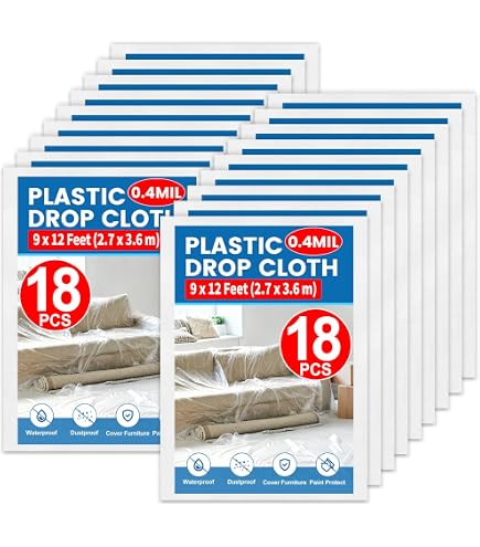 DIDISHU 15 Pack 9x12 Ft Plastic Drop Cloths - 0.7 Mil Thick Clear Painting Tarps, Waterproof Dust Sheets