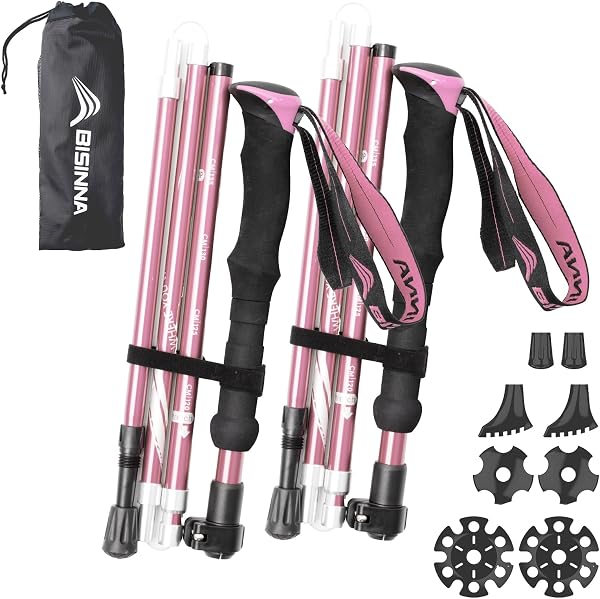 BISINNAトレッキングポール 折畳み 軽量 登山用ストック 2本セット コンパクト アルミ製 長さ調整可能 5段伸縮式 登山 ウォーキング アウトドア ハイキング 遠足 散歩 男女兼用 専用収納袋付き 持ち運びが便利 - 1