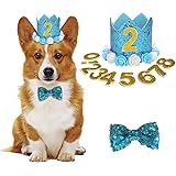 ペット 誕生日帽子 蝶ネクタイ 犬 猫 花 王冠 数字付き クラウン キラキラ おしゃれ クリスマス 記念日 誕生日グッズ 2個セット (ブルー)