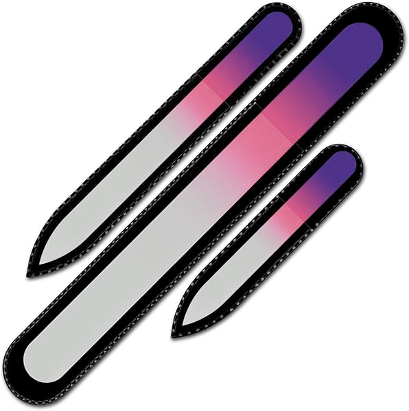 ベルベットのポーチ入りクリスタルネイルファイル3本セット、レインボーカラー、本物のチェコ製強化ガラス、チェコ共和国のハンドメイド製品 - 1
