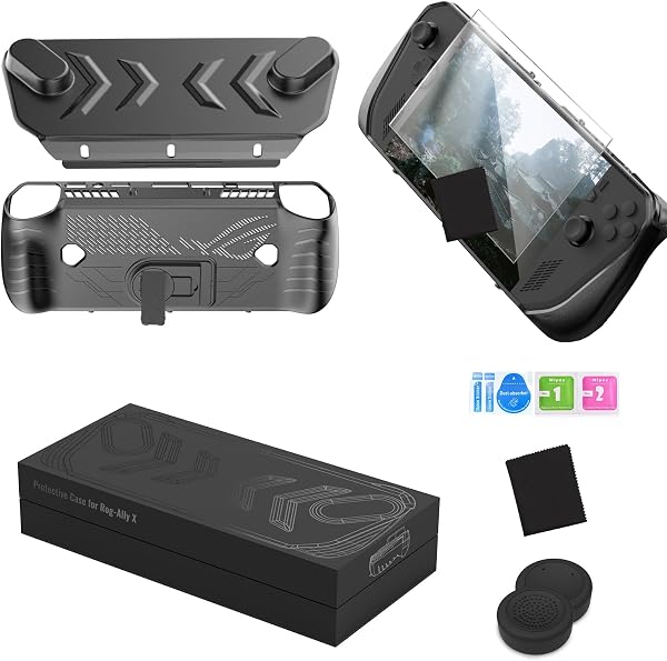 Lwuckbarrt ROG Ally X 用保護ケース【新登場-4in1セット】TPU シェル保護カバー + 取り外し可能なフロントカバー + 強化ガラスフィルム * 1 + ロッカーキャップ * 2、for ASUSゲーミング 熱放散 スタンド付き 保護カバー傷つけ防止 防水 防塵 Rog Ally X 対応 (ブラック) - 1