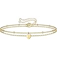 Dainty Heart Initial Bracelets for Women, 14K Gold Filled Handmade Personalized Letter Layered Heart Initial Bracelets for Wo