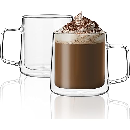 CNGLASS 12oz(355ml) Glass Coffee Mugs,Double Wall Insulated Glass Cups with Handle,Clear Espresso Mugs for Latte,Cappuccino,T