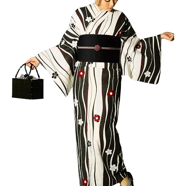 Amazon | 変わり織 綿 浴衣 単品 女性 レディース むじな菊柄 黒色