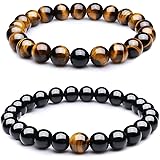 Wanmei 8mm Black Matte Agate & Tiger Eye Healing Energy Stone Beads Distance Bracelets For Couples(2 pcs)