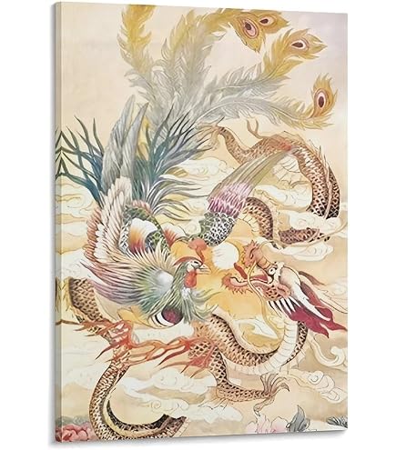 Amazon.co.jp: 絵画 龍と鳳凰が吉兆を演出インテリア 絵画 黄金の龍と