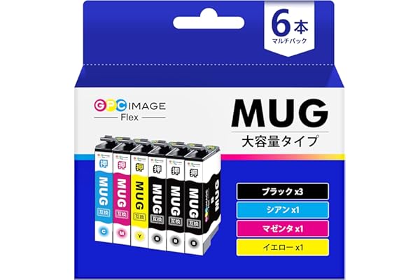 GPC Image Flex エプソン 用 インク マグカップ MUG-4CL EPSON 対応 インクカートリッジ マグカップ MUG 4色パック + MUG-BK 黒*2（合計6本セット）エプソン 用 EW-452A EW-052A インク 大容量 EPSON 用 プリンター 452A 052A 互換インク 【新・旧パッケージ任意発送】