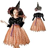 [Socpuro] ハロウィン 魔女 仮装 子供 コスプレ 女の子 可愛い 魔女ワンピース 長袖 魔法使い コスチューム プリンセス ドレス キッズ【ワンピース＋帽子】 2点セット キラキラ 120～140cm 令嬢 キッズワンピース パーティー 演出服 (140cm)
