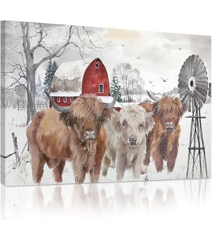 Amazon.co.jp: 素朴な牛の絵ウォールデコレーション:農家牛キャンバス