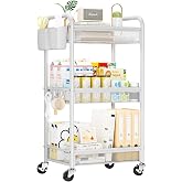 YASONIC 3 Tier Rolling Storage Cart - Metal Utility Storage Cart with Wheels, Handmade Cart Organizer with Hanging Cups, Hook