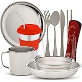 10-Piece Camping Dish Set - Stainless Steel Camp Mess Kit with Mesh Bag for Camping, Backpacking, Hiking - Complete Camping D