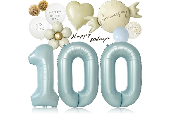 deerzon くすみブルー 100日 飾り 百日祝い 100日祝い 100days くすみ 数字 バルーン 誕生日 飾り付け 13点 セット 大きい ナンバーバルーン 100