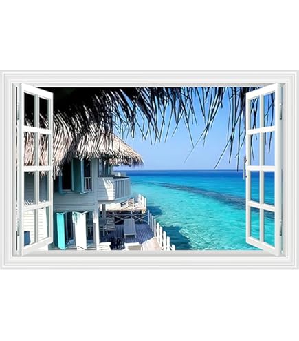 Amazon｜ウォールステッカー 窓枠 海 ビーチ 椰子 日本製 MU3 壁紙