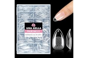 UNA GELLA Short Almond Fake Nails 216pcs Pre-shape Gel Acrylic Nail Tips for Full Cover Nail Extension Home DIY Nail Salon 12 Sizes Gelly Tips