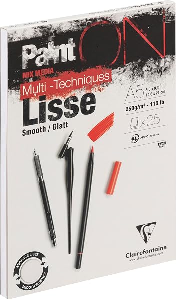 Clairefontaine Paint-On A5 Pad Smooth White 25 Sheets 250 g/m² Mixed Media Paper PEFC Certified Acid-Free ISO 9706 Standard Watercolor Oil Pastel Acrylic Ink Pencil Clairefontaine cf975728 - 1
