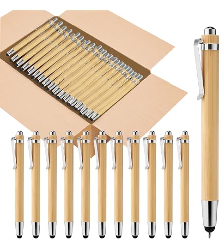 50 Pack Bamboo Ballpoint Pens With Stylus Tip - Natural Wood, Customizable, Bulk Gift Set
