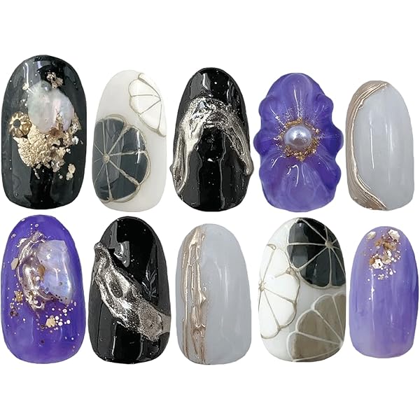 Amazon | 成人式 ネイルチップ 和風 紫 黒 白 | 834NAIL | ネイル