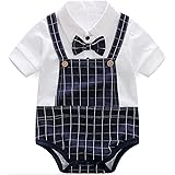 [ベベック] Bebek ベビー 男の子 フォーマル 洋装 赤ちゃん 半袖 ロンパース 夏服 カバーオール 蝶ネクタイ 服 セレモニー 結婚式 七五三 お食い初め お宮参り 新生児 おめかし 誕生日 記念撮影 (ネイビーチェック, 60)
