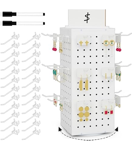 Azar Displays 4-Sided Revolving Pegboard Counter Display - 8"W X 20"H With 24 Locking Hooks & Sign Holder (White)