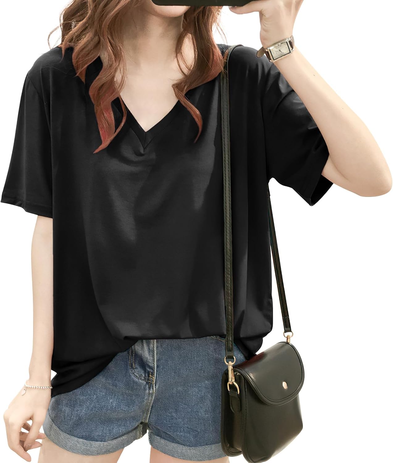 [SLEEPSINERO] tシャツ ティーシャツ レディース 半袖 | 【上半身の厚みを隠す！Vネックで痩せ見え】 レディーストップス オーバーサイズ ゆったり 透けない 吸汗速乾 通気 夏服レディース カットソー 長め おしゃれ