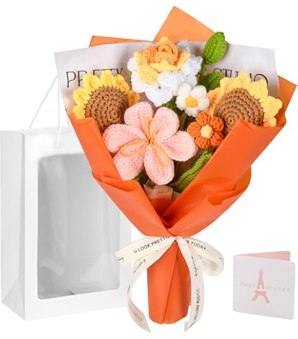 Cenyn Hand-Knitted Crochet Flower Bouquet - Sunflower, Daisy, Lily Of The Valley Artificial Floral Arrangement