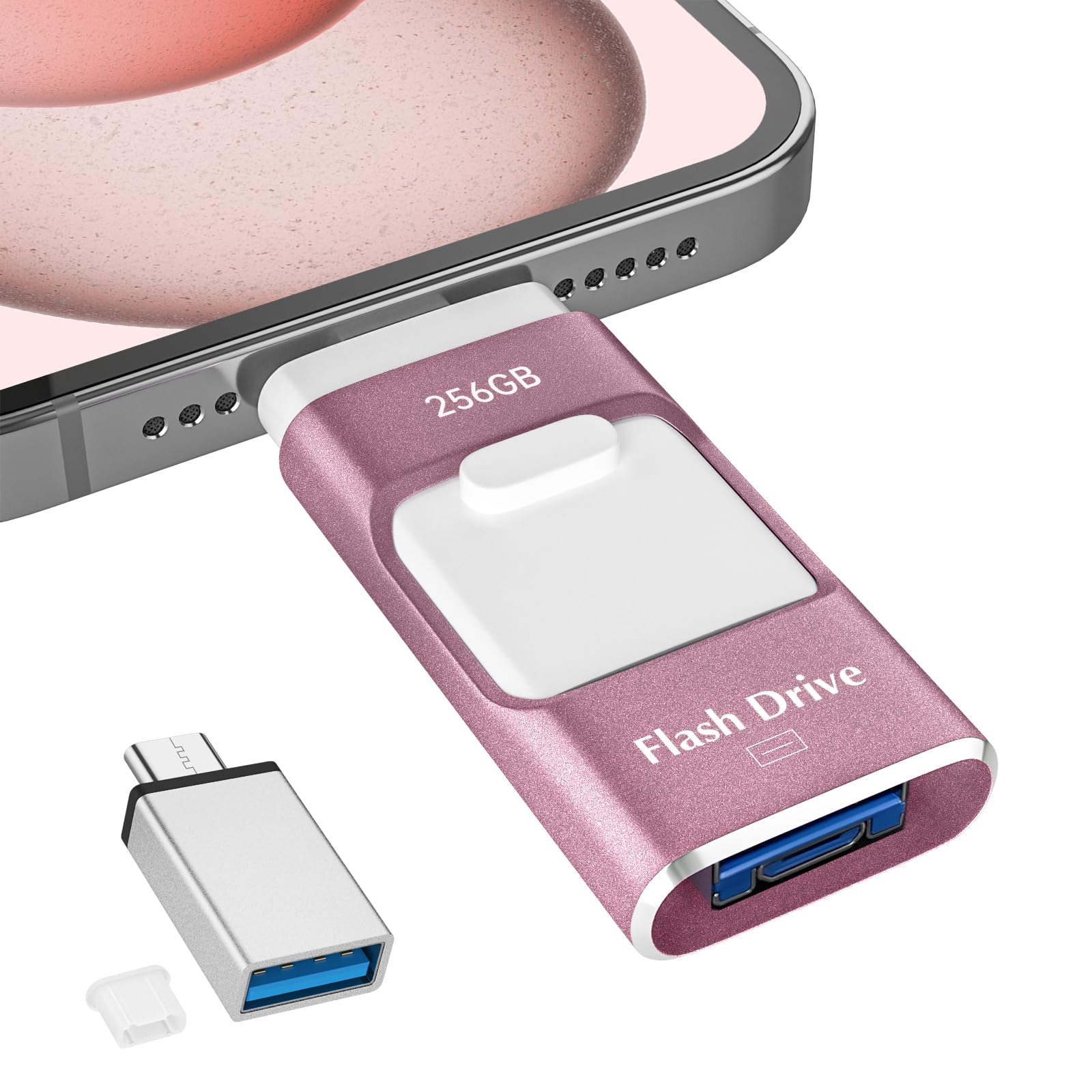 256GB USBメモリ【アプリ不要・アルバムから写真保存】4in1 Phone USBメモリー スマホ データ保存 外付けメモリ iOS/Type-C/USB/Micro USB搭載 大容量 フラッシュメモリ 高速 データバックアップ 外付けストレージ スライド式 携帯容量不足解消 ピンク - 1