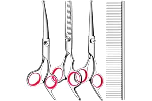 TINMARDA Dog Grooming Scissors Kit with Safety Round Tips Stainless Steel Professional Dog Grooming Shears Set - Thinning, Straight, Curved Shears and Comb for Long Short Hair for Dog Cat Pet