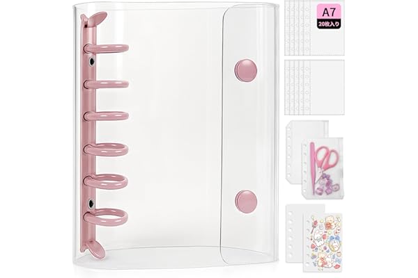 GOKEI シール帳 プラバン 透明 A7サイズ ミニ クリアバインダー 【リフィル×20枚 チャック付きボケット×2枚 下敷き×2枚】手帳 プリ帳 カードスリーブ ポケット はがせる バインダー型ノート 女の子 コラージュノート ピンク