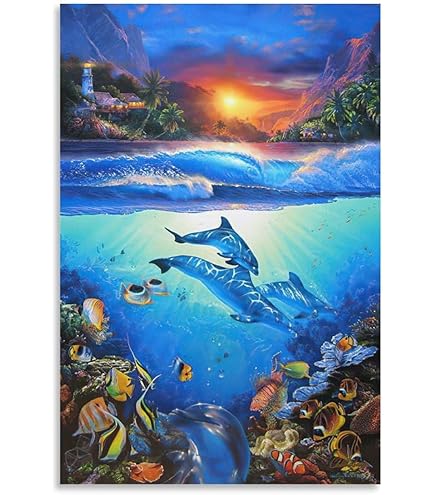 油絵 絵画 【海中風景】 Amazon.co.jp: 青い海 クリスチャン・ラッセン 海の眺め 波 鯨 月光