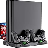 PS4 Pro 縦置きスタンド BEBONCOOL 冷却ファン PS4 スリム PS4 スタンド 縦置き コントローラー2台同時充電 ゲームディスク収納可能