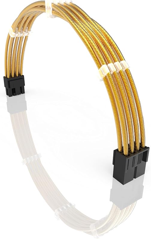 LINKUP 30cm PCI-E 8ピン(6+2)GPU PSU電力供給編組スリーブ カスタム Mod PC延長コードコム付き | 柔らかい&フレキシブルなタイプ | 一本入り | 300mm メタリック・ゴールド