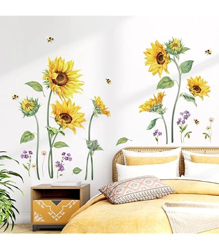 Sunflower Fence Wall Stickers - Yellow Floral Vinyl Decals, Removable Peel & Stick For Kitchen, Nursery, Living Room
