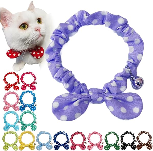 Canribo Handmade Cat Collar, Cat Collar, Ribbon, Scrunchie Collar with Bell/Medium Dot, Mauve Purple, MS Size, 8.7 - 9.1 inches (22 - 23 cm), Made in Japan, Lightweight - 1