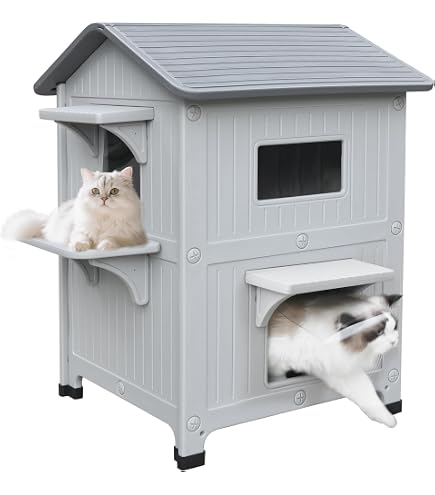 Amazon | 猫 ハウス 屋外用 防水 防寒 キャットハウス 2階建て、ドア