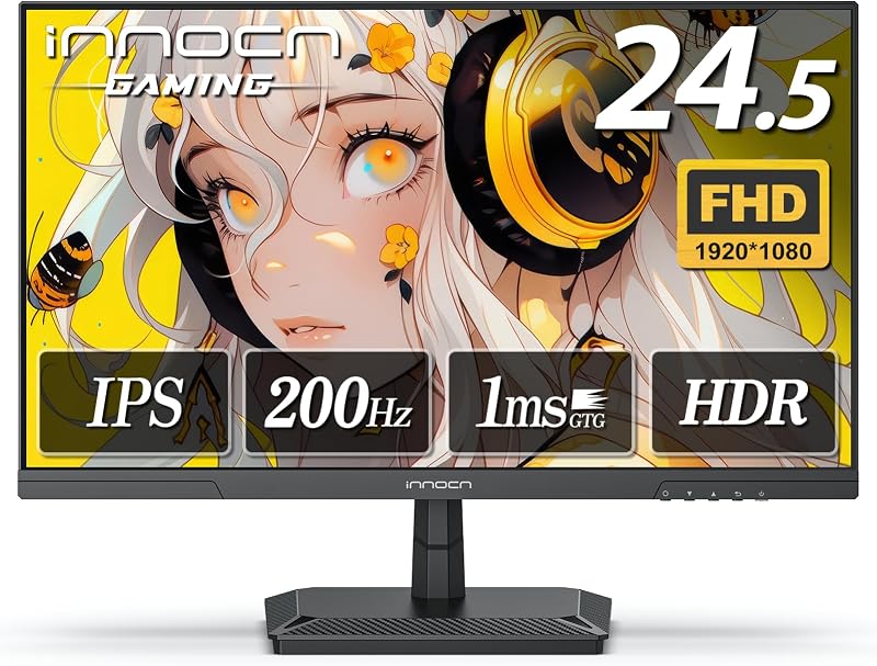 INNOCN ゲーミングモニター 24 .5インチ モニター 200Hz 180Hz フルHD IPSパネル 1MS応答速度 VRR対応 HDMI2.0/DP1.4 AdaptiveSync対応 傾き調整 非光沢 ディスプレイ VESA 100*100mm (HDMIケーブル付き) 25G2G (スピーカない)