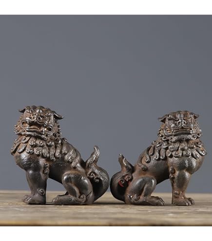 Amazon.co.jp: 狛犬・獅子 阿吽セット一対 風水開運置物 鋳鉄製