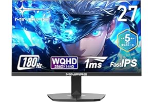 Minifire 27インチ ゲーミングモニター WQHD (2560x1440) Fast IPS 180Hz 1ms(OD) 120%sRGB 300cd/m² HDR FreeSync PS5対応 低ブルーライトフリッカーフリー DP1.4×2
