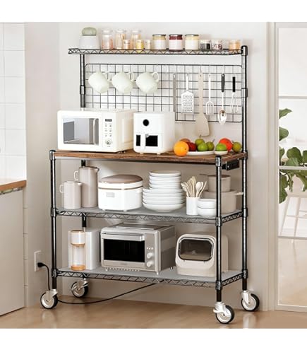 VASAGLE Kitchen Island With Drop Leaf - Rolling Cart With Power Strip & Pegboard, Rustic Brown