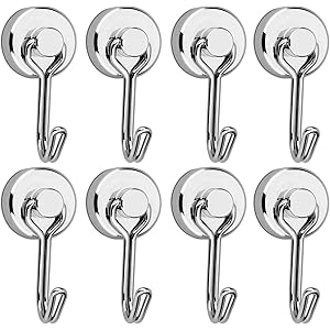 Tohoer【8個セット】マグネット フック 超強力 磁石付き 垂直耐荷重15kg 直径20mm 金属製 シルバー キッ…