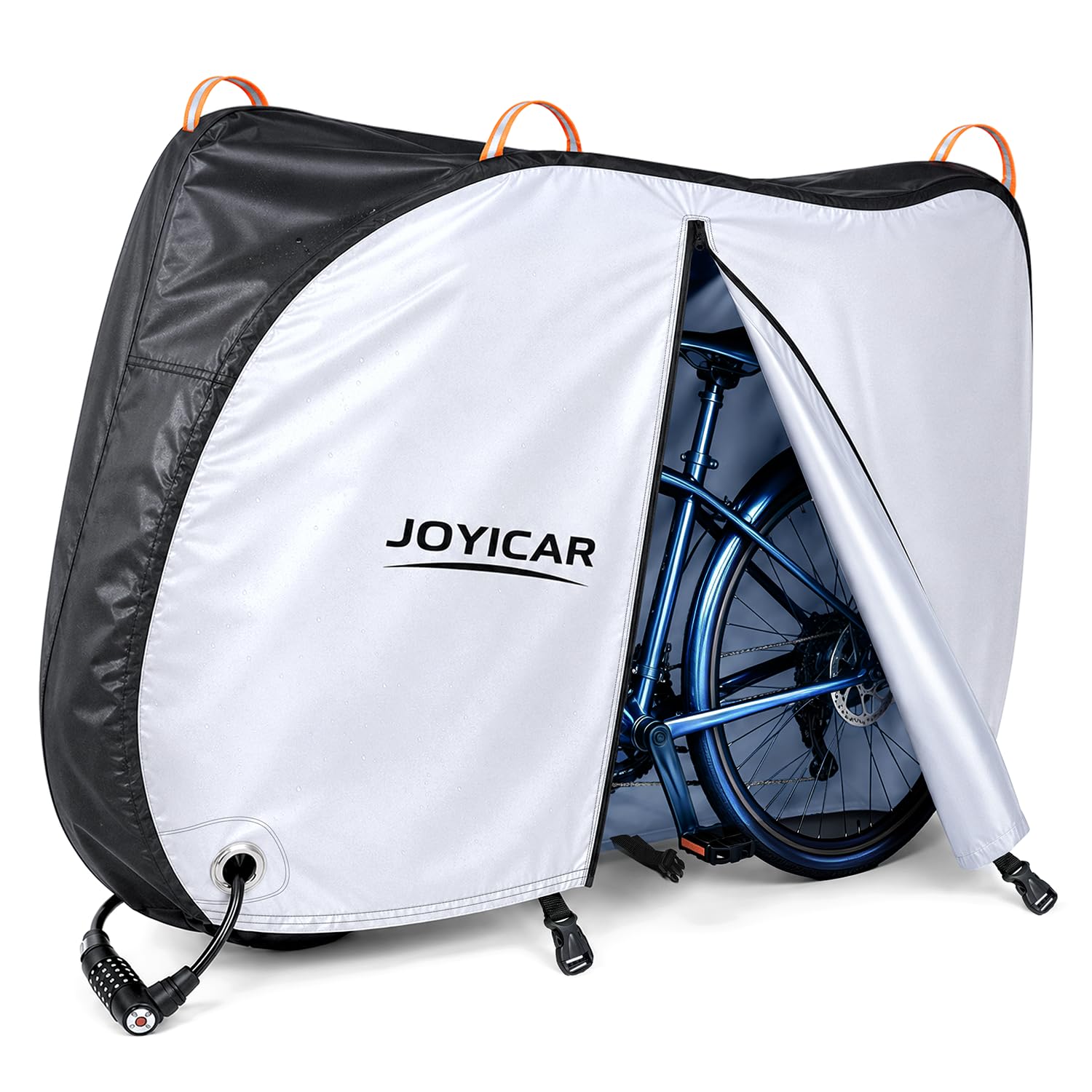 自転車カバー 【300D厚手生地 & 両開き防水ファスナー】 UPF50+ UVカット 防水 耐水圧8000Pa シルバーコーティング 二重縫製 3点バックル 底部ゴム 防風 防塵 耐熱 撥水加工 風飛び防止 前後ロック穴 反射テープ 収納袋付き 屋