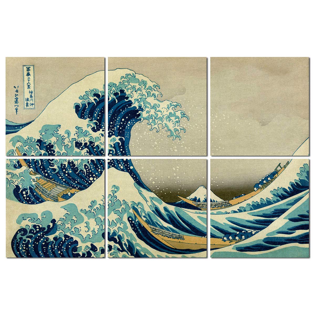AutoGo 吸音材 壁 防音材 神奈川沖浪裏 世界の名画・葛飾北斎【高品質素材採用・騒音対策】 (6枚の総長90cm×60cm×0.9cm) 難燃 防潮 壁と床兼用 吸音パネル 室内装飾 消音 防音対策 改善版魔法両面テープ付き