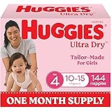Huggies Ultra Dry Nappies Girls Size 4 (10-15kg) 144 Count - One Month Supply (Packaging May Vary)