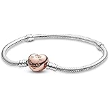 Pandora Moments Women's 14k Rose Gold-Plated and Sterling Silver Heart Clasp Snake Chain Bracelet for Charms