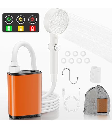 Power Bank For Iphone Portable Camping Shower, 6000mAh Rechargeable Shower Pump Filtered Shower Head 5 Gallons Foldable Bucket Outdoor Shower Hiking Beach Travel Pet Bath C Car Camping