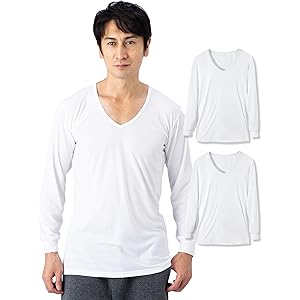 【あったか吸湿発熱インナー】2枚組 メンズ Vネック丸首 長袖 ストレッチ 軽くて暖かい 抗菌防臭 インナー シャツ 保…
