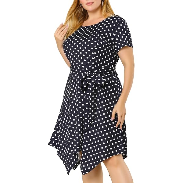 BEDOAR Women's Plus Size Casual Dress - V-Neck Knee-Length A-Line Swing Dress With Pockets (Black Dot, 22W) - View #2
