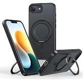 NIMASO iPhone 17e/16e用ケース 回転スタンド MagSafe対応 マット 耐衝撃 防指紋 アイフォン17e/16e対応 ブラック | 縦横両対応 360°リング付き マグネット搭載 ワイヤレス充電対応 半透明 磁吸強化 6.1イン